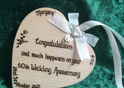 Wedding Anniversary Heart for 60th and personalised with pyrography and embellishments